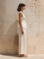 Old Money Sleeveless Top With Twisted Neckline And Wide-Leg Trousers White Cotton-Linen Set