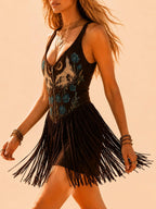 Ideal for Country Music Festivals — Caramel Brown Turquoise Totem Printed V-Neck Fringe Mini Dress