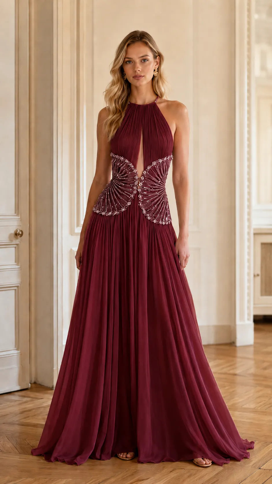 Pleated Halter Open-Back Embellished Evening Gown