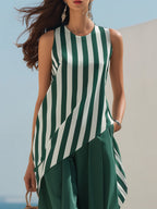 Mediterranean Emerald Stripe Asymmetrical Tank & Pleated Wide Leg Linen-Blend Set