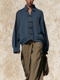 Women’s Blue Knit Zip Cardigan Jacket – Oversized Casual Stand Collar Sweater Top
