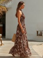 Desert Wander Brown Floral Halter Neck Chiffon Maxi Dress