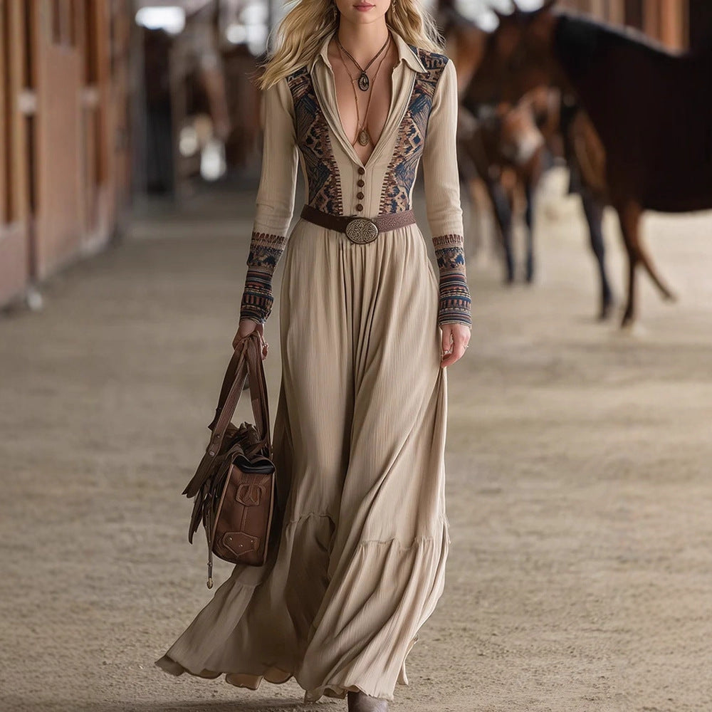 Boho Maxi Dress With Ethnic Print And Pleated Skirt - Lightweight Cotton Blend Long Sleeve Dress For Women