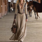 Boho Maxi Dress With Ethnic Print And Pleated Skirt - Lightweight Cotton Blend Long Sleeve Dress For Women