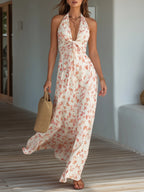 Vacation Style Pink Butterfly Print Halter Twist Front Flowy Maxi Dress