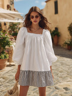 Retro Square Neck Loose Striped Ruffle Mini Dress