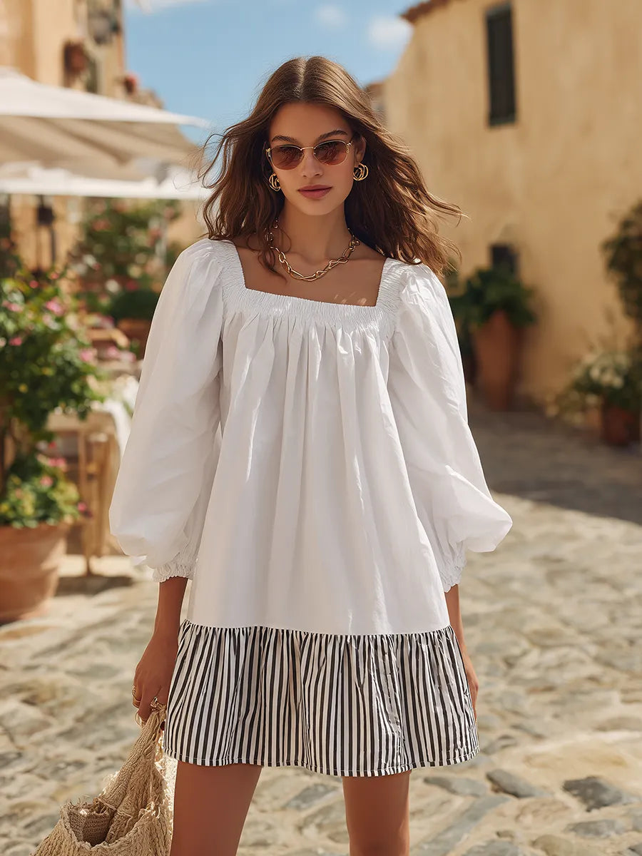 Retro Square Neck Loose Striped Ruffle Mini Dress