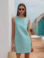 Minimalist Style Turquoise Cutout-Neck Sleeveless Shift Dress