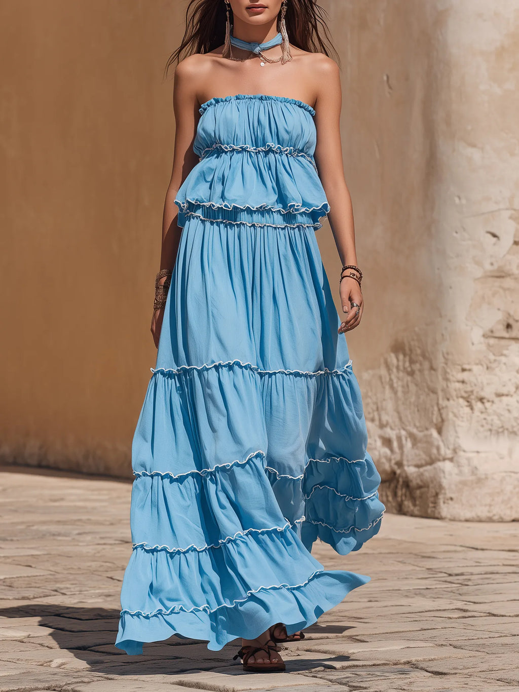 Capri Vibe Bright Blue Strapless Ruffle Tiered Top And Tiered Maxi Skirt Set