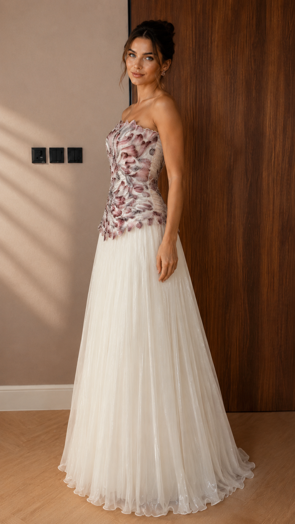 Strapless Appliqué Tulle Evening Gown - Pleated A-Line Formal Maxi Dress