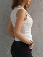 Retro Elegant White Denim Notched Lapel Tailored Corset Vest