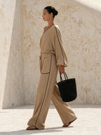 Women’s Khaki Off Shoulder Top & Wide Leg Pants Set – Elegant Casual Two Piece Outfit