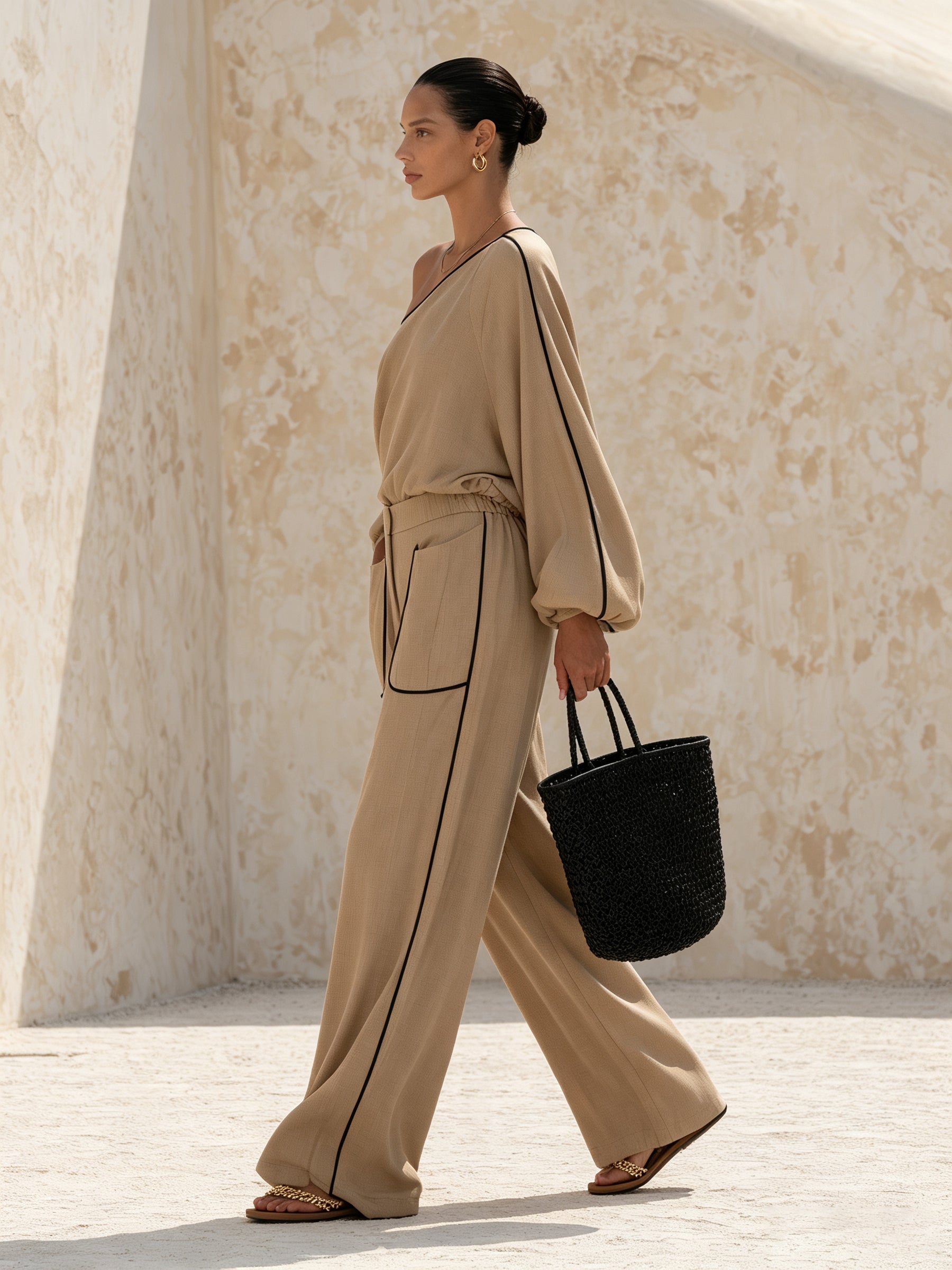 Women’s Khaki Off Shoulder Top & Wide Leg Pants Set – Elegant Casual Two Piece Outfit