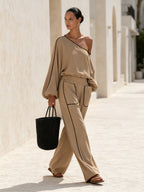 Women’s Khaki Off Shoulder Top & Wide Leg Pants Set – Elegant Casual Two Piece Outfit