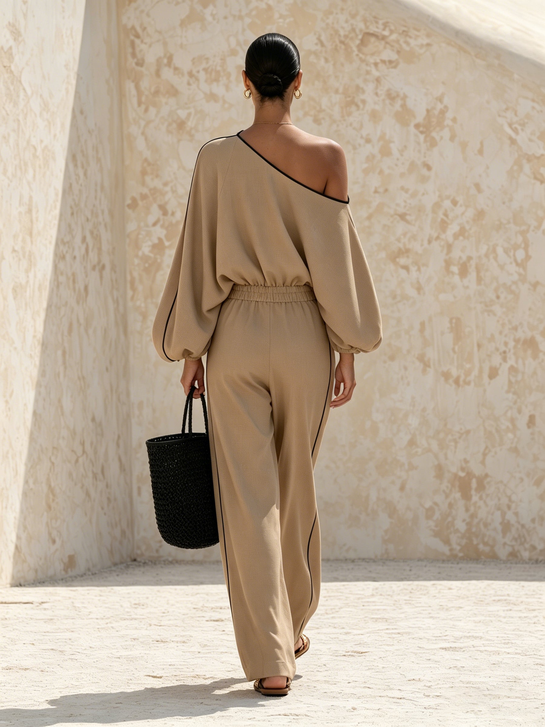 Women’s Khaki Off Shoulder Top & Wide Leg Pants Set – Elegant Casual Two Piece Outfit