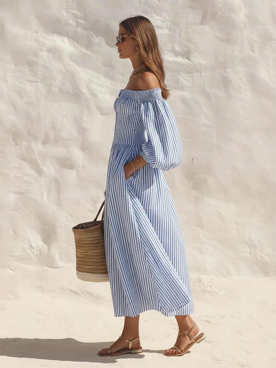 Coastal Chic Off-Shoulder Short-Sleeve Blue And White Striped Maxi Dress