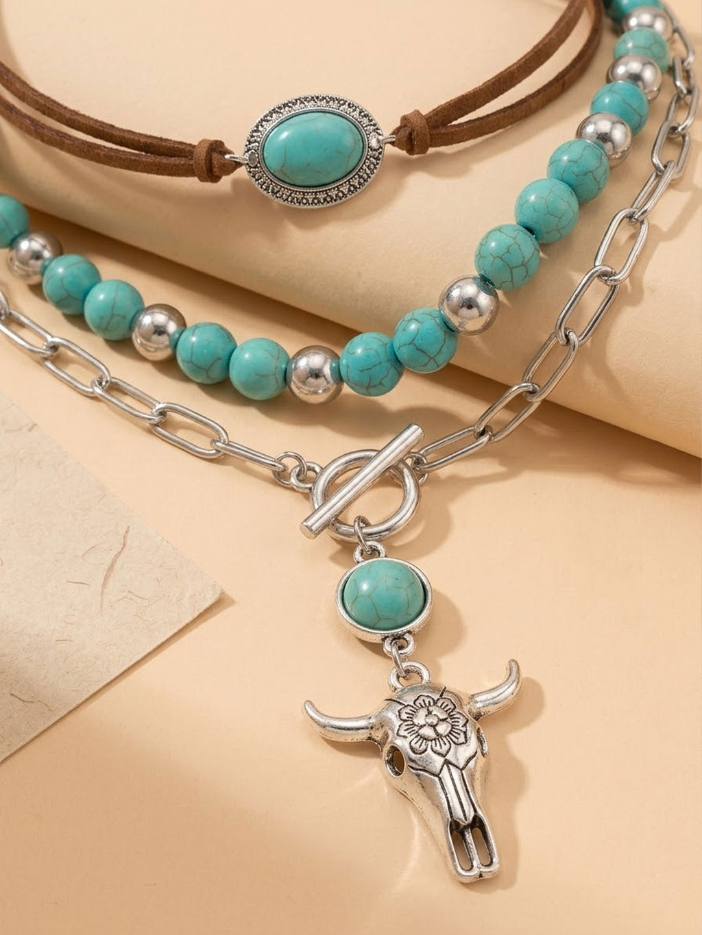 Vintage Western Layered Necklace, Women's Turquoise Bull Skull Pendant Set