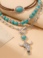 Vintage Western Layered Necklace, Women's Turquoise Bull Skull Pendant Set