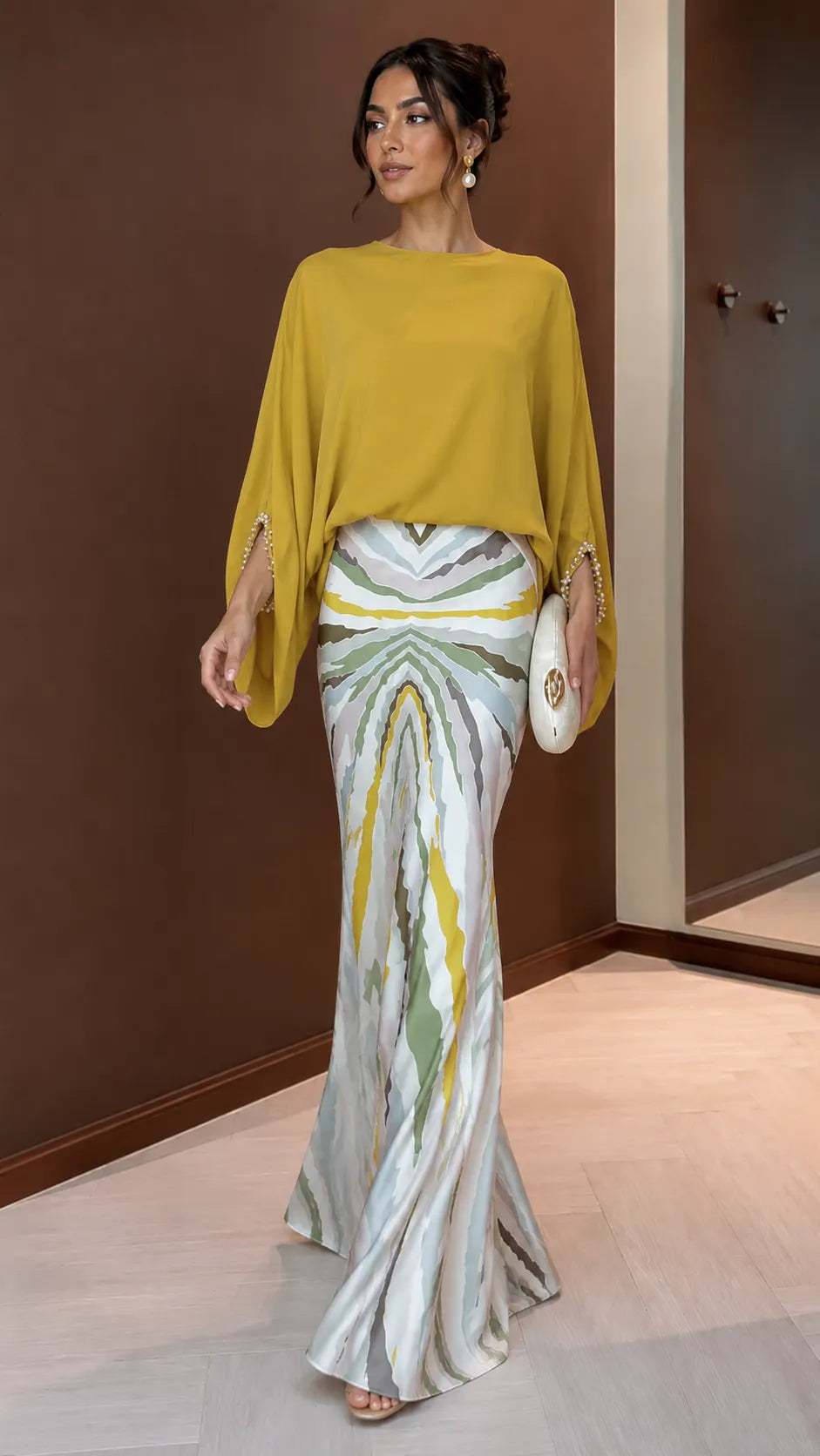 Boho Chic Color Block Maxi Dress - Oversized Top & Mermaid Printed Skirt Set with Bracelet Sleeves