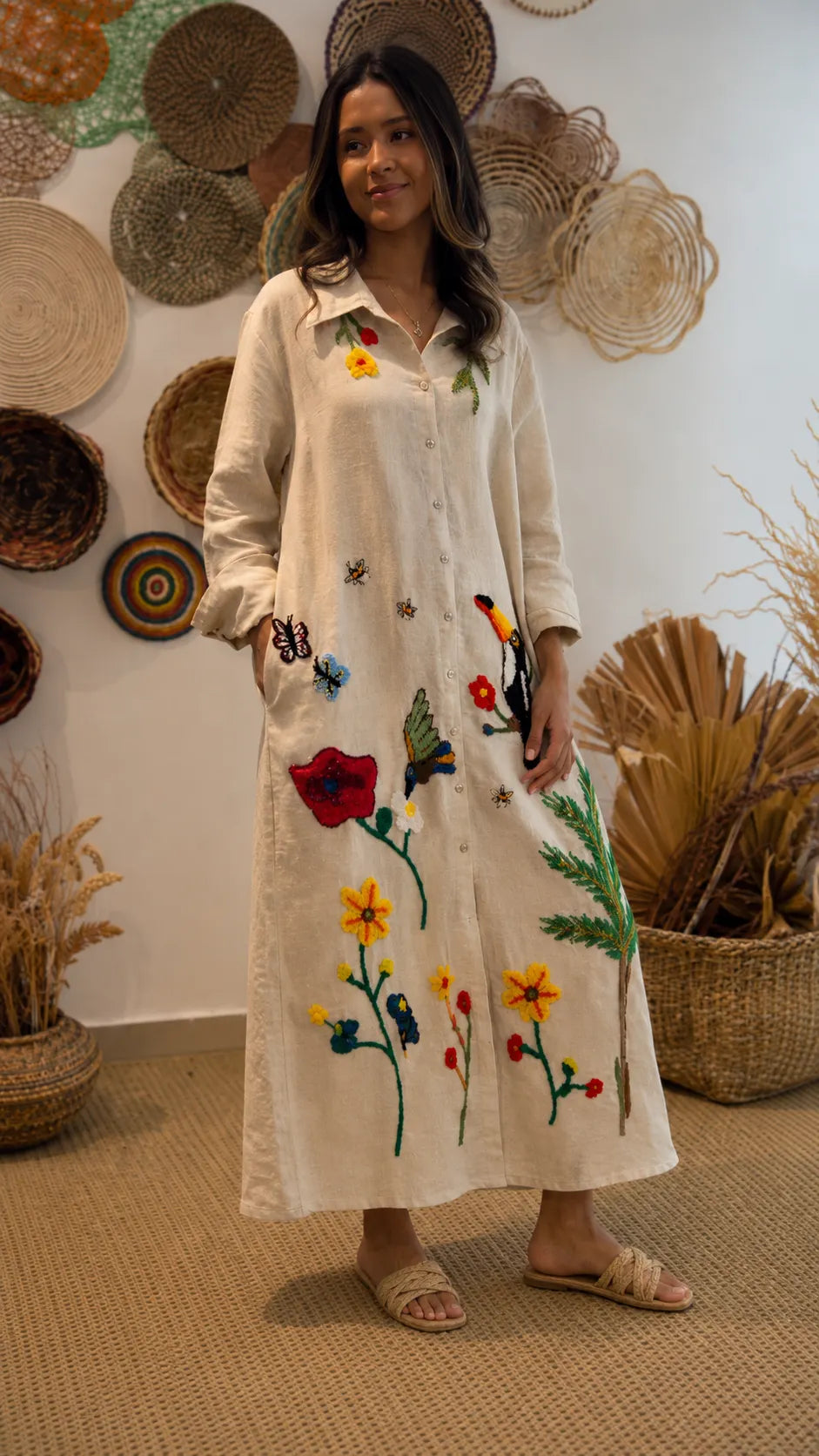 Boho Embroidered Oversized Shirt Dress - Long Sleeve Button Down Maxi Dress with Tropical Bird & Floral Print