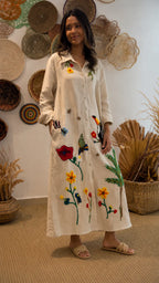 Boho Embroidered Oversized Shirt Dress - Long Sleeve Button Down Maxi Dress with Tropical Bird & Floral Print