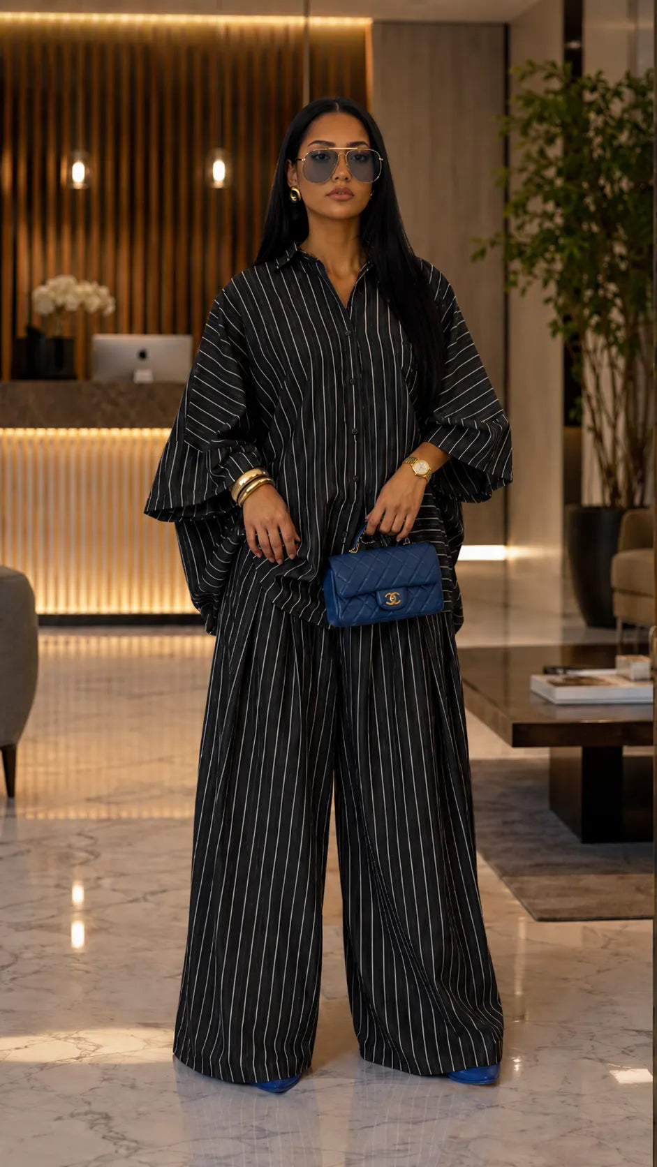 Boho Chic Striped Linen Blend Set - Flared Sleeve Button-Up Top & Wide Leg Pants Co-ord