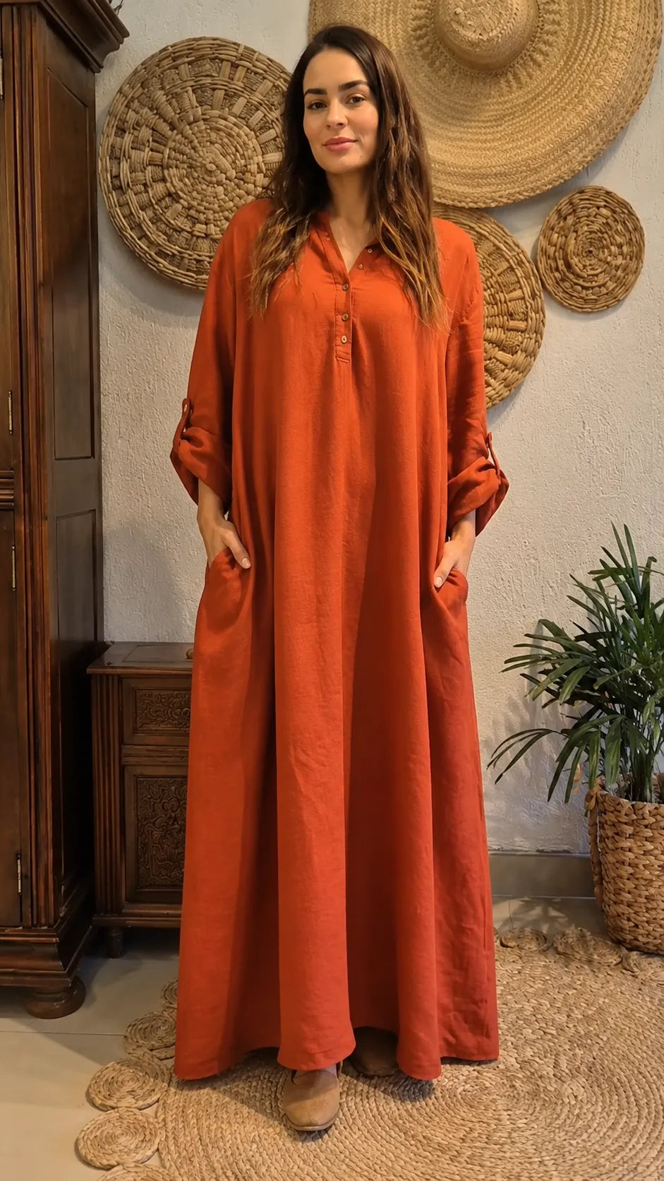 Boho Linen Blend Maxi Dress - Oversized Flowy Kaftan Style with Pockets & Button Detail