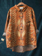 Vintage Ethnic Floral Animals Art Print Casual Cotton And Linen Shirt