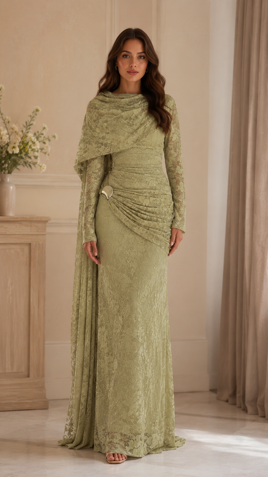 Lace Draped Cape Sleeve Maxi Evening Dress