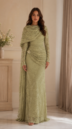 Lace Draped Cape Sleeve Maxi Evening Dress