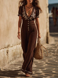 Boho Ethnic Crinkled Woven Fabric Brown Floral Embroidery V Neck Short Sleeve Wide Leg Jumpsuit