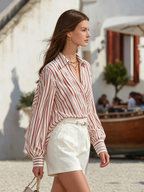 Resort-style Long-sleeve Striped Chiffon Top