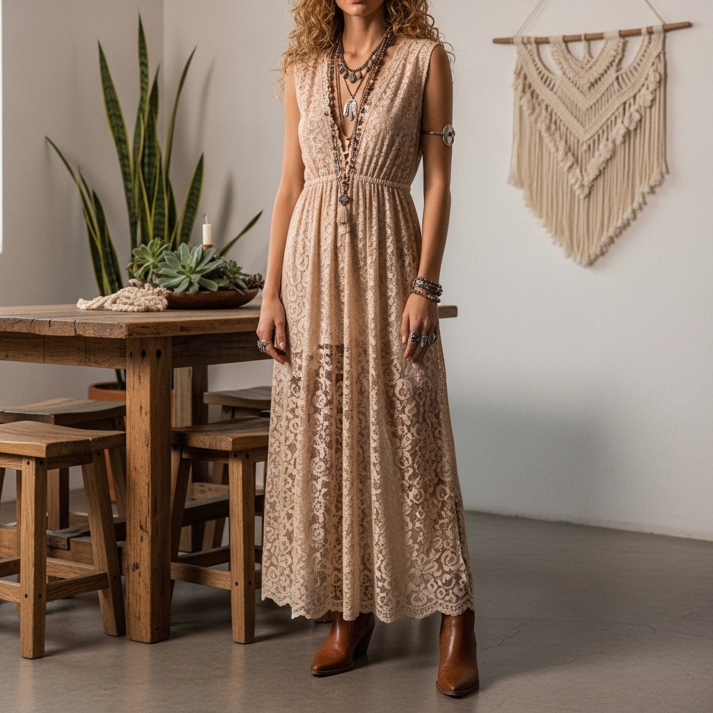 Women's Fashion Spring/Summer Bohemian Style Apricot V-Neck Sleeveless Dress With Water-Soluble Lace