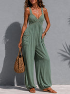 Boho Lace-Trimmed Wide-Leg Jumpsuit With Patch Pockets