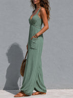 Boho Lace-Trimmed Wide-Leg Jumpsuit With Patch Pockets
