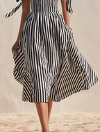 Casual Vacation Off-Shoulder Black White Striped Cotton Midi Dress
