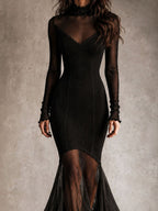 Elegant Black Ribbed Mesh Lace Trim Mock Neck Mermaid Midi Dress