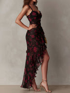 Boho Chic Black And Red Floral Ruched Lace-Trim Ruffle Hem Dress
