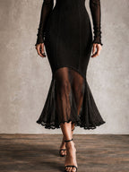 Elegant Black Ribbed Mesh Lace Trim Mock Neck Mermaid Midi Dress
