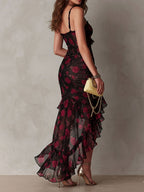 Boho Chic Black And Red Floral Ruched Lace-Trim Ruffle Hem Dress