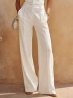 Elegant And Sophisticated Solid Color Short-sleeved Shirt And Flared Trousers Set