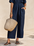 Old Money Faux-Layered Collar And Short Sleeves Navy Wide-Leg Jumpsuit