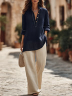 Retro Classic Henley Collar Shirt And Wide-leg Trousers Cotton-linen Suit