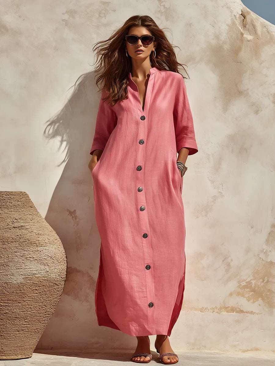 High-end Elegant Stand-up Collar Solid Color Three-quarter Sleeves Midi Shirt Dress