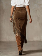 Retro Distressed Suede Skirt With Fringes