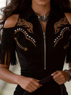 [Embroidery]Women'S Retro Embroidered Studded Western Bohemian Style Tassel Mini Dress