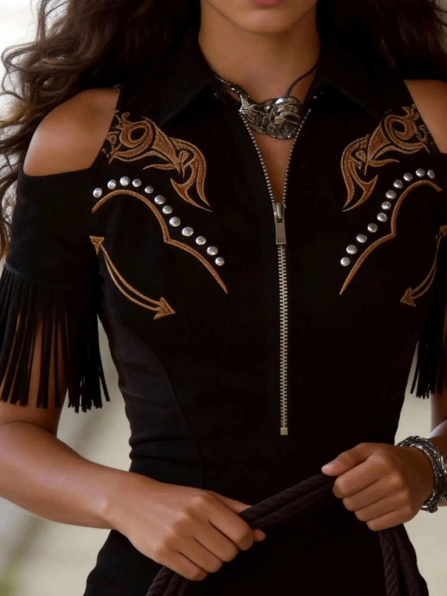 [Embroidery]Women'S Retro Embroidered Studded Western Bohemian Style Tassel Mini Dress
