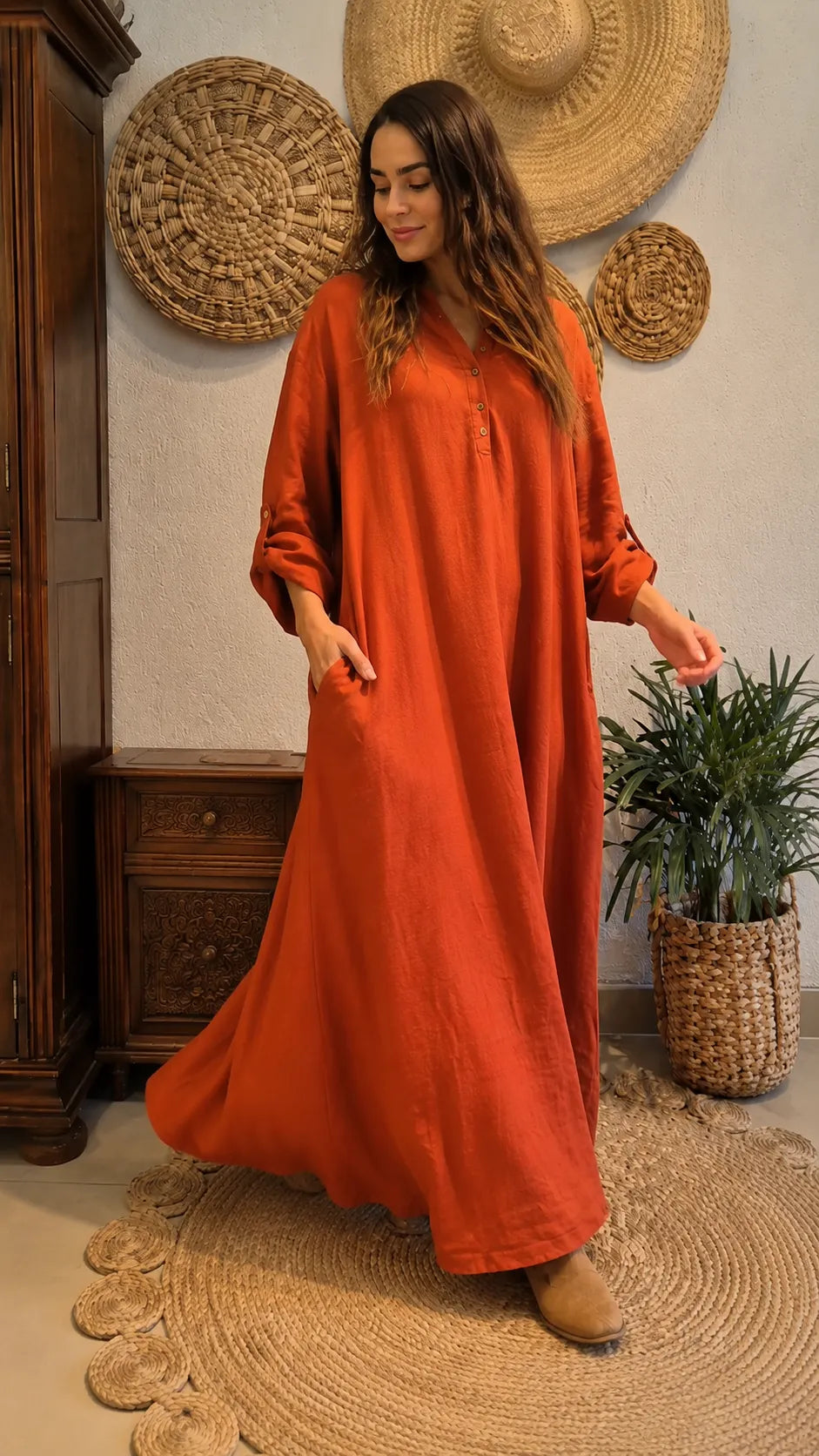 Boho Linen Blend Maxi Dress - Oversized Flowy Kaftan Style with Pockets & Button Detail