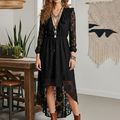 Women's Spring/Summer Bohemian-Style Dress: Black Water-Soluble Lace, V-Neck, Ruffle Trim, And High-Low Hem