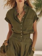 Casual Retro Vacation Olive Green Cotton Linen Short-Sleeve Shirt And Wide-Leg Pants Set